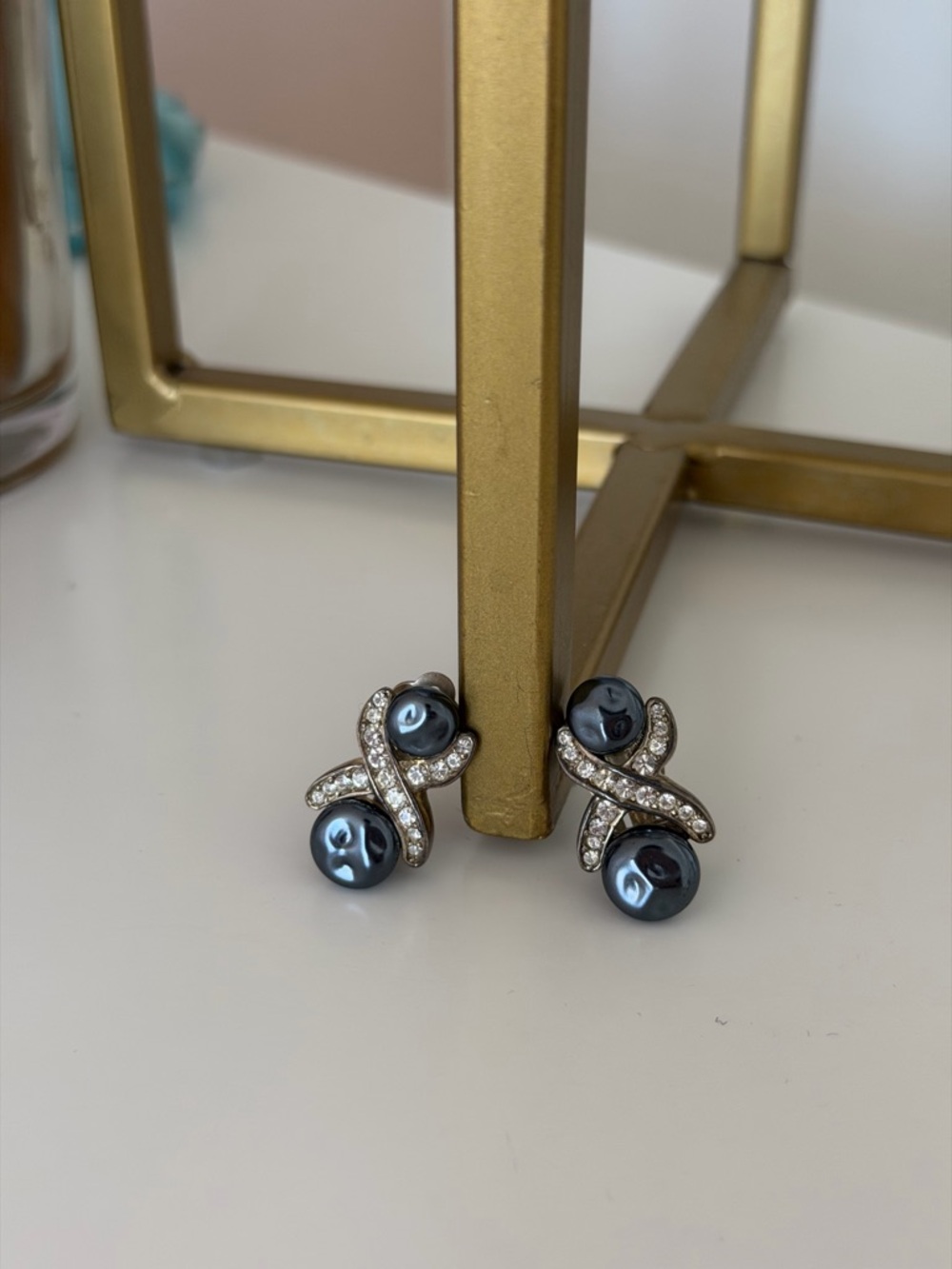 Signed Carolee Sterling Silver .925 Black Pearl & Pave Crystal X Earrings